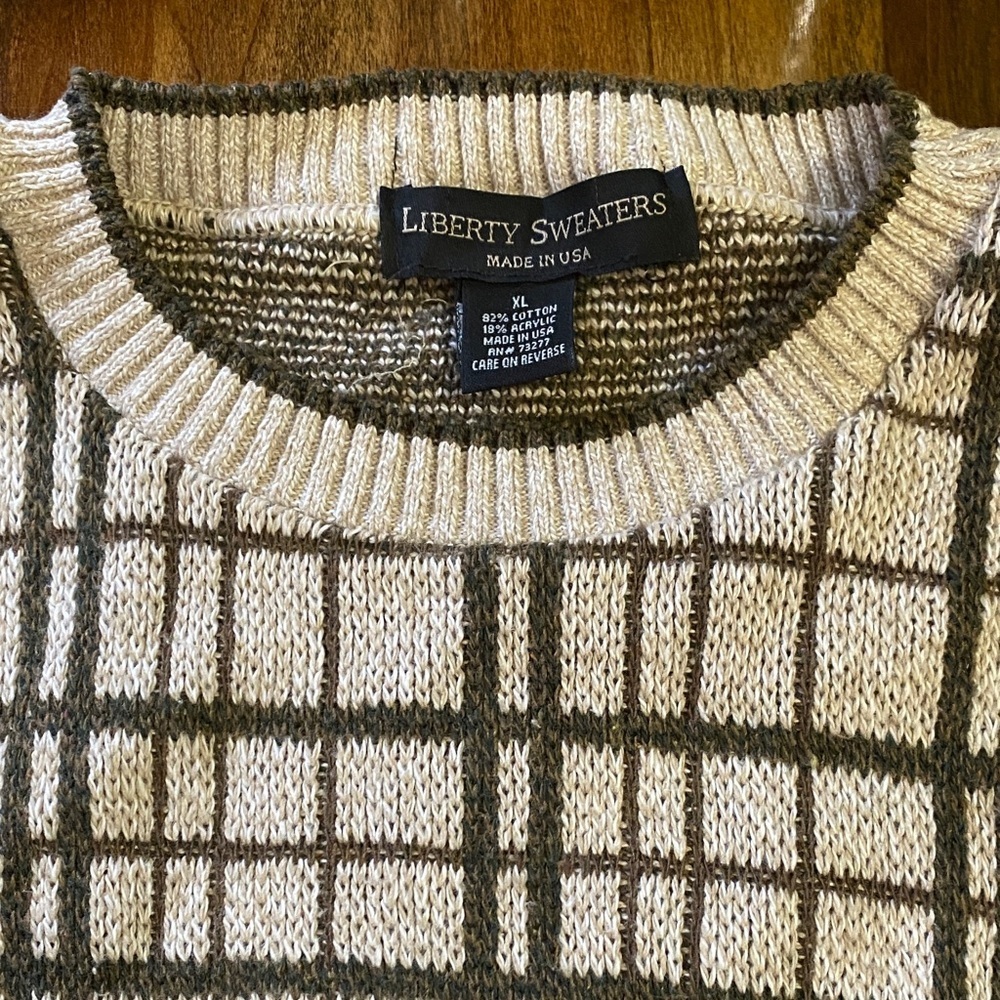 Liberty Beige and Dark Brown Plaid Crewneck Sweater - Picture 2 of 4